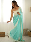 Amazing Sky Blue Stone Work Georgette Event Wear Saree With Blouse