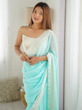 Amazing Sky Blue Stone Work Georgette Event Wear Saree With Blouse