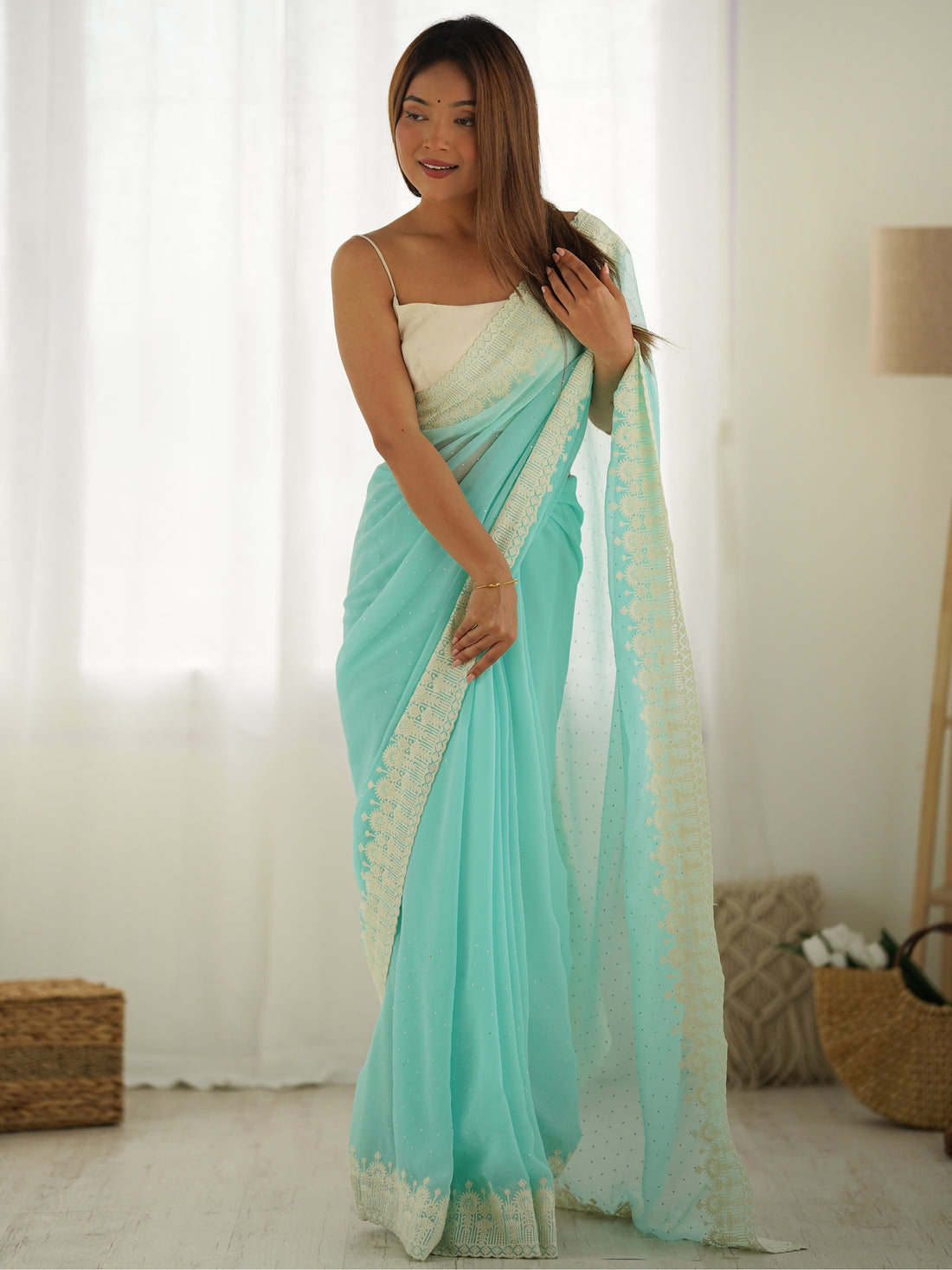 Amazing Sky Blue Stone Work Georgette Event Wear Saree With Blouse