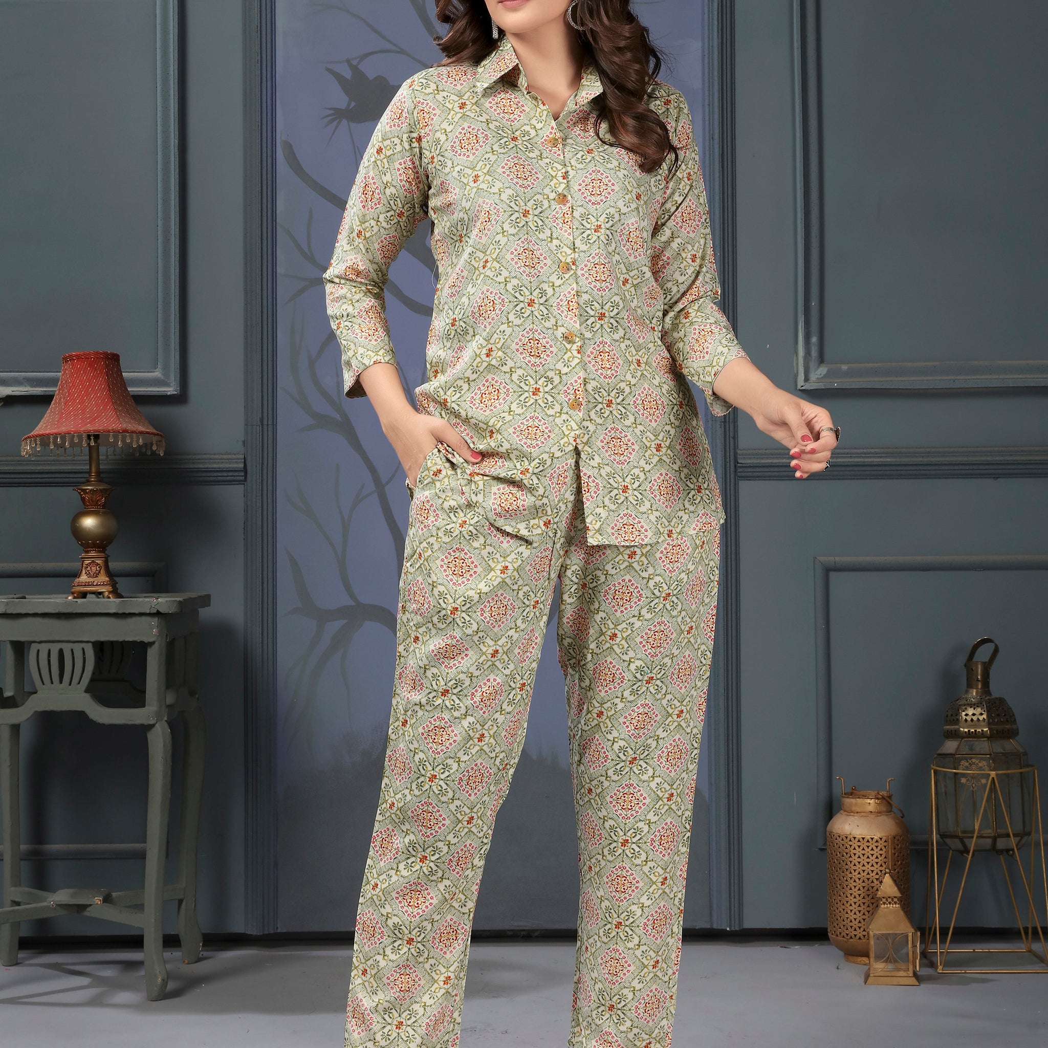 Enchanting Pista Green Digital Printed Rayon Top Palazzo Co-Ord Set