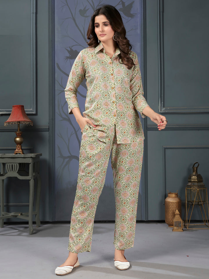 Enchanting Pista Green Digital Printed Rayon Top Palazzo Co-Ord Set