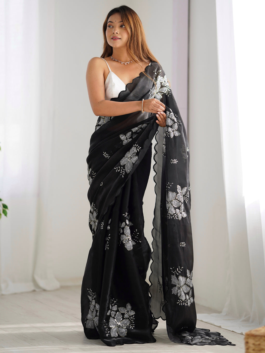 Stunning Black Sequins Organza Reception Wear Saree With Blouse