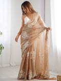 Wonderful Beige Embroidered Organza Festival Wear Saree With Blouse