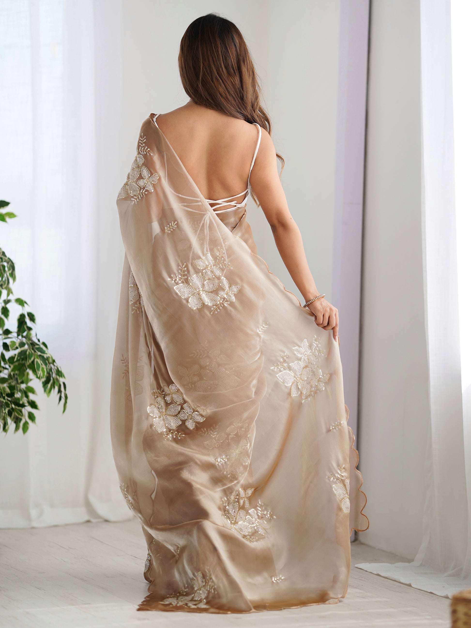 Wonderful Beige Embroidered Organza Festival Wear Saree With Blouse