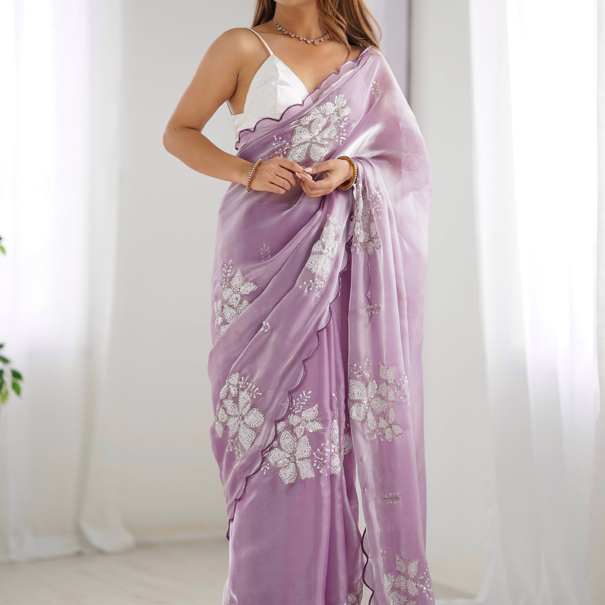 Adorable Lavender Embroidered Organza Event Wear Saree With Blouse