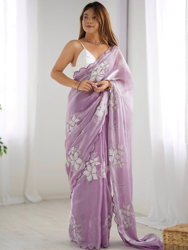 Adorable Lavender Embroidered Organza Event Wear Saree With Blouse