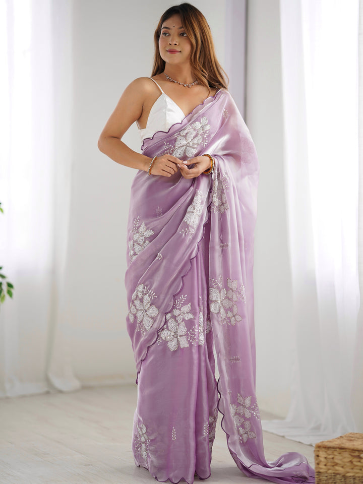 Adorable Lavender Embroidered Organza Event Wear Saree With Blouse