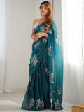 Marvelous Teal Blue Embroidered Organza Trendy Saree With Blouse