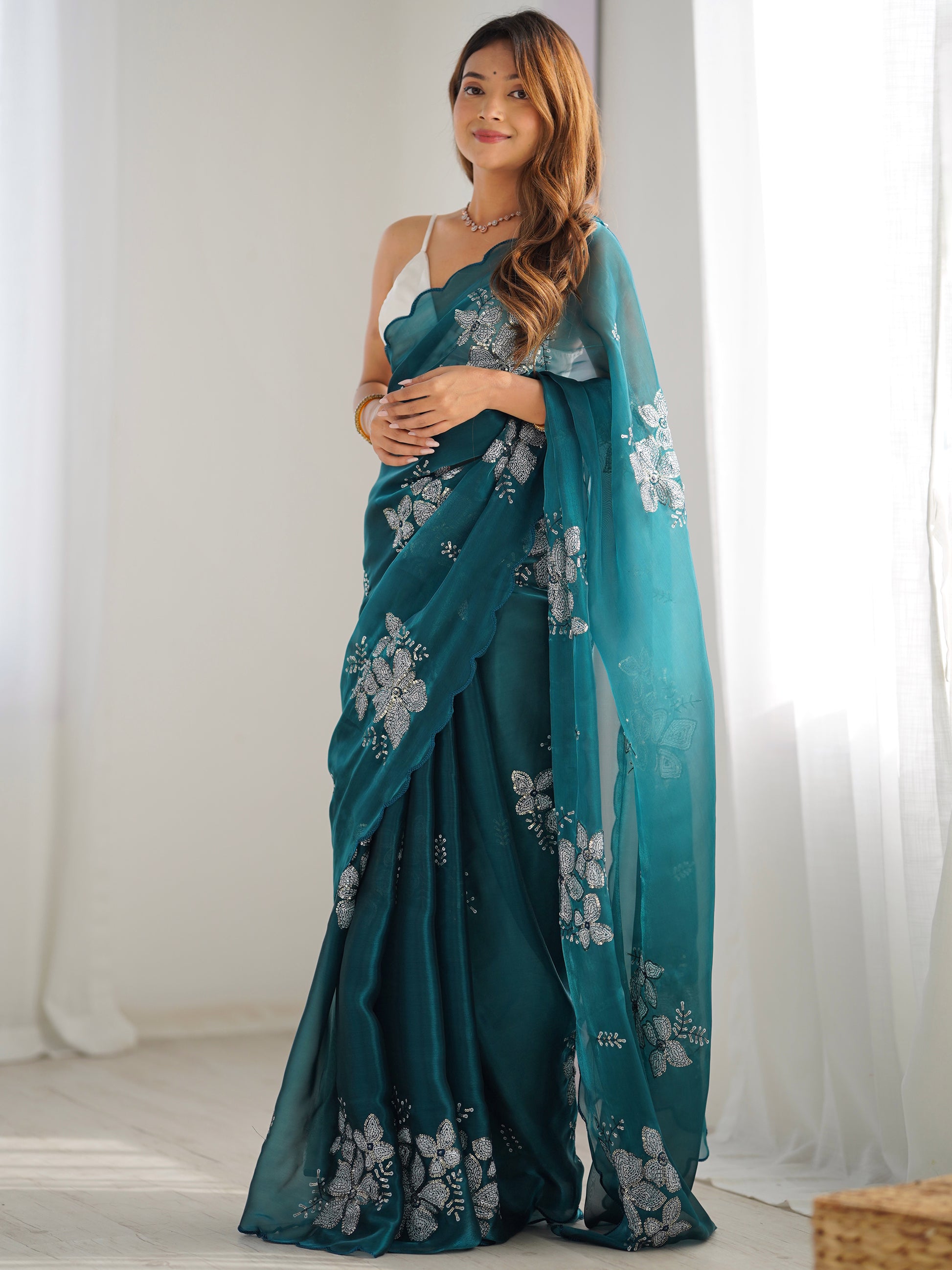 Marvelous Teal Blue Embroidered Organza Trendy Saree With Blouse