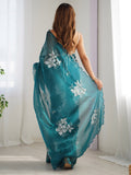 Marvelous Teal Blue Embroidered Organza Trendy Saree With Blouse
