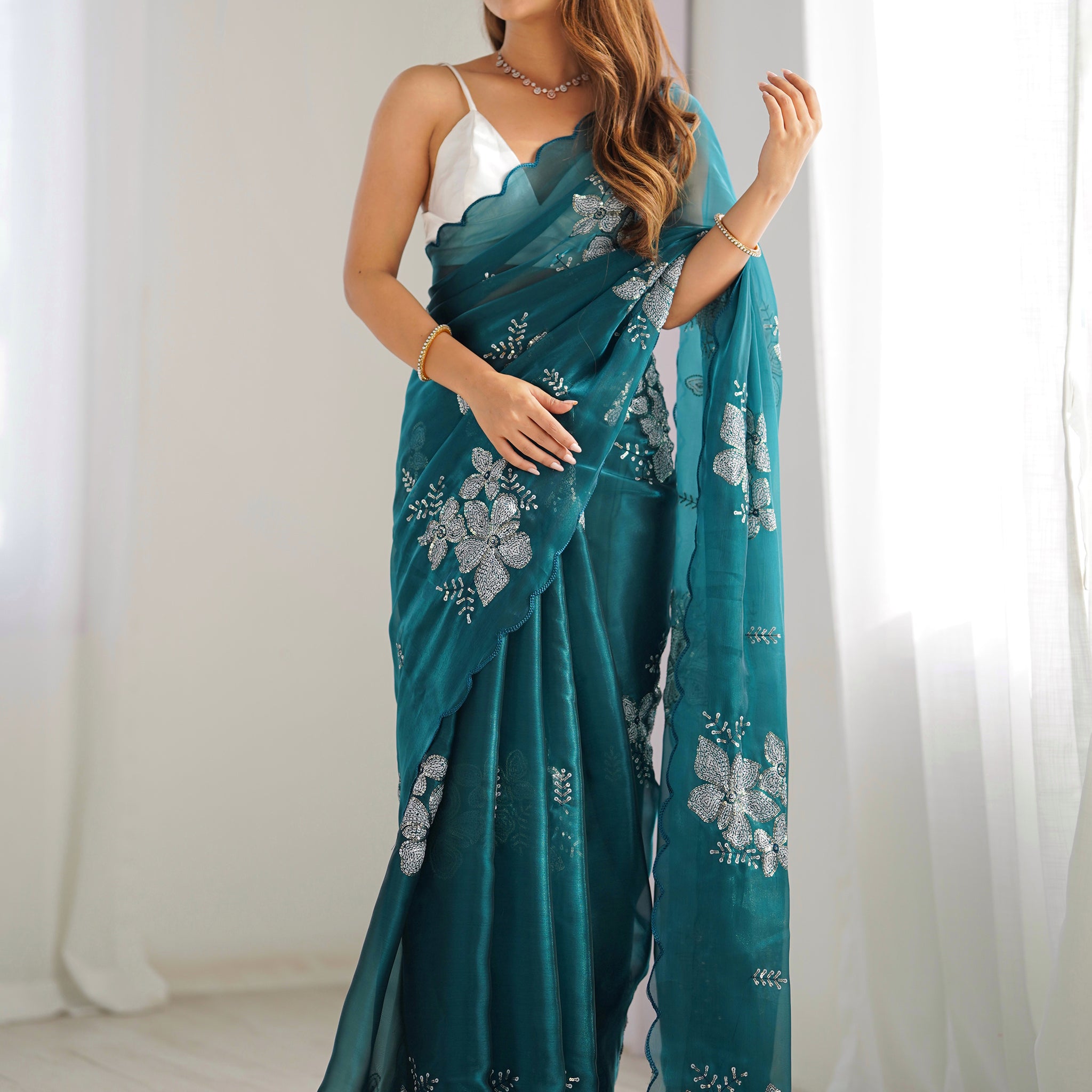 Marvelous Teal Blue Embroidered Organza Trendy Saree With Blouse