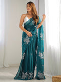 Marvelous Teal Blue Embroidered Organza Trendy Saree With Blouse