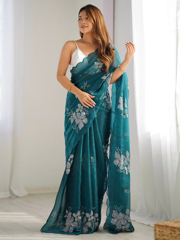 Marvelous Teal Blue Embroidered Organza Trendy Saree With Blouse
