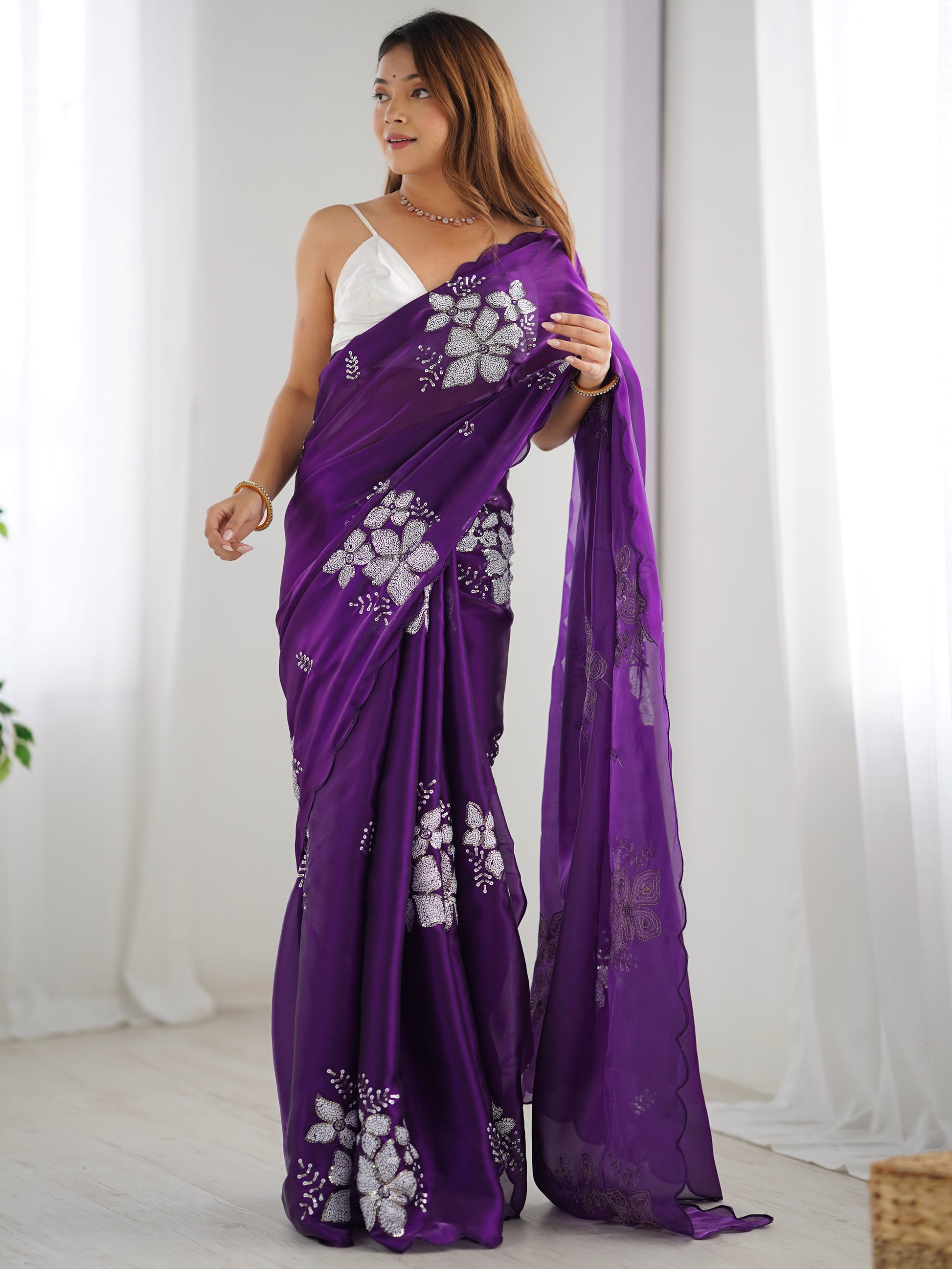 Fascinating Purple Embroidered Organza Party Wear Saree With Blouse