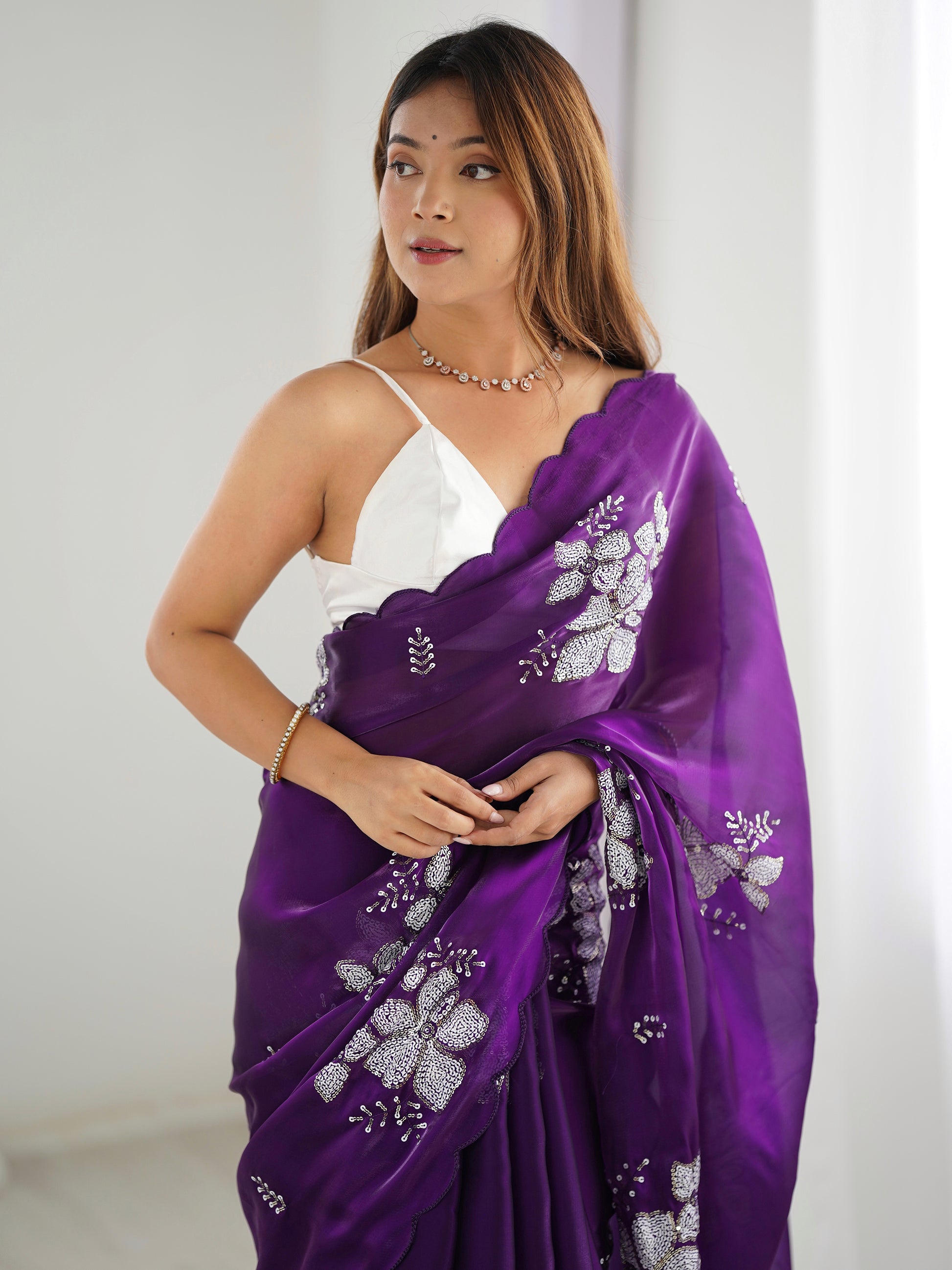 Fascinating Purple Embroidered Organza Party Wear Saree With Blouse