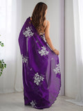 Fascinating Purple Embroidered Organza Party Wear Saree With Blouse