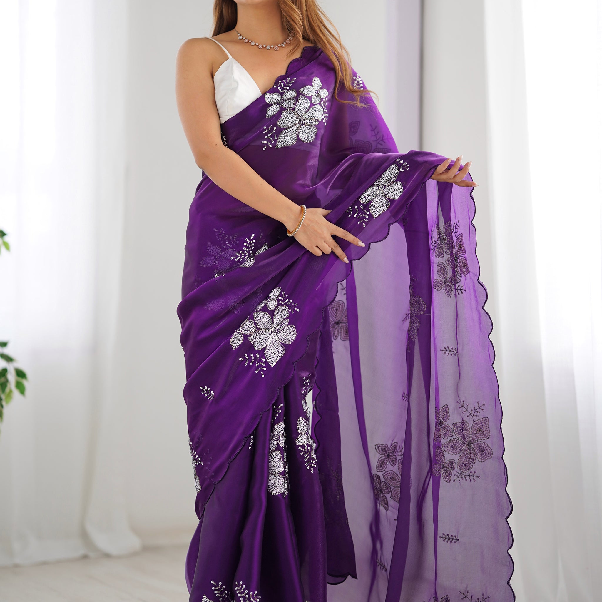 Fascinating Purple Embroidered Organza Party Wear Saree With Blouse