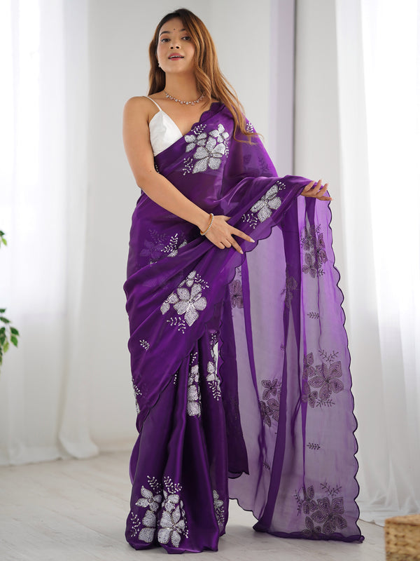 Fascinating Purple Embroidered Organza Party Wear Saree With Blouse