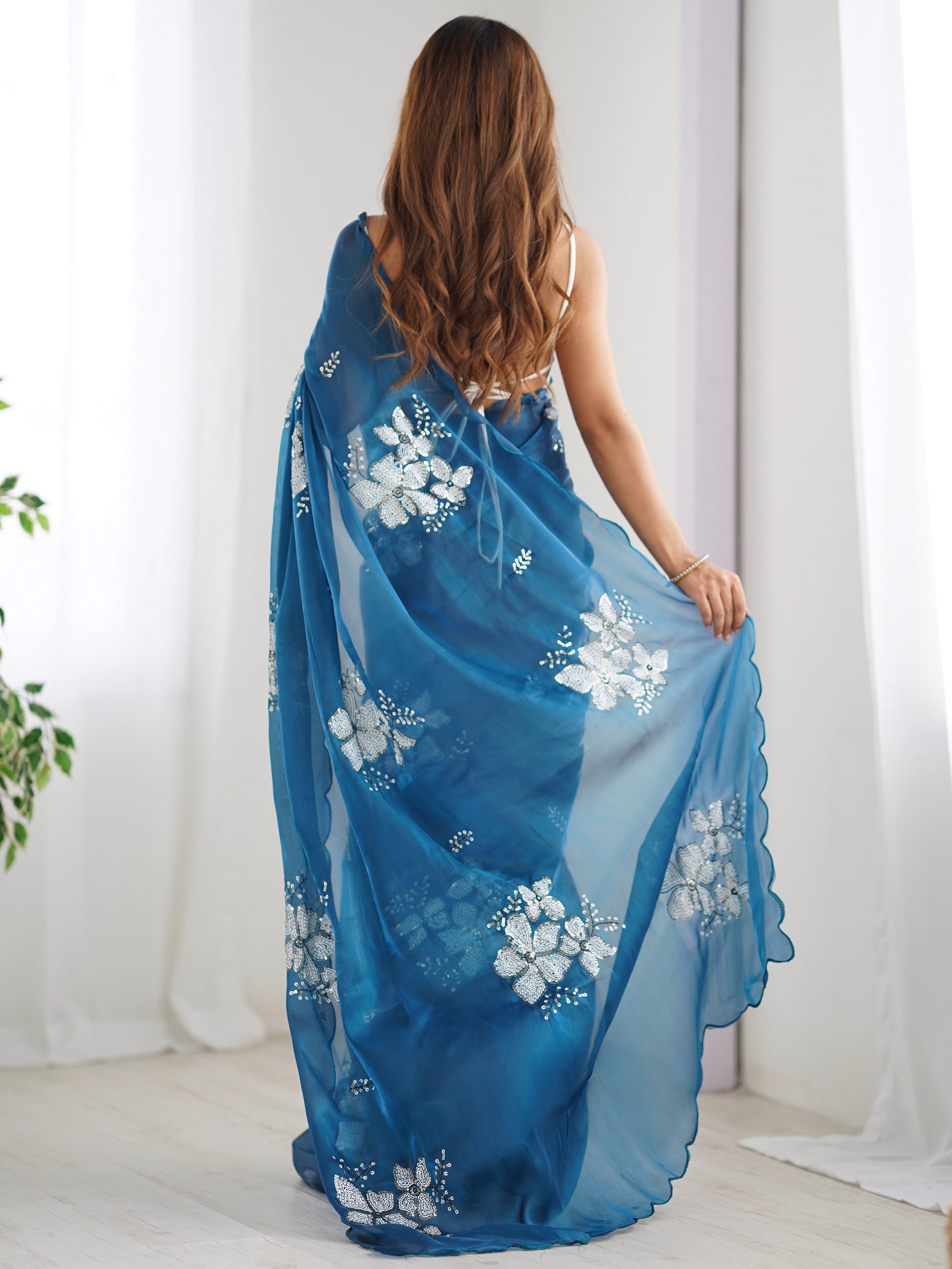 Glamorous Blue Embroidered Organza Festival Wear Saree With Blouse