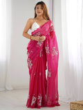 Bewitching Pink Embroidered Organza Party Wear Saree With Blouse