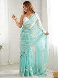Beautiful Sky Blue Embroidered Organza Event Wear Saree With Blouse