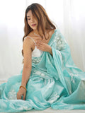 Beautiful Sky Blue Embroidered Organza Event Wear Saree With Blouse
