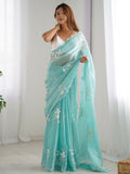 Beautiful Sky Blue Embroidered Organza Event Wear Saree With Blouse