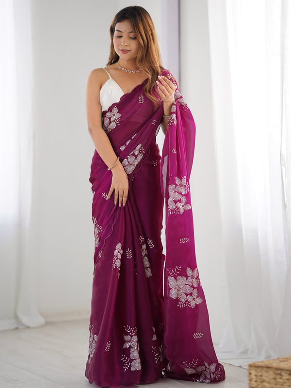 Captivating Wine Embroidered Organza Festival Wear Saree With Blouse