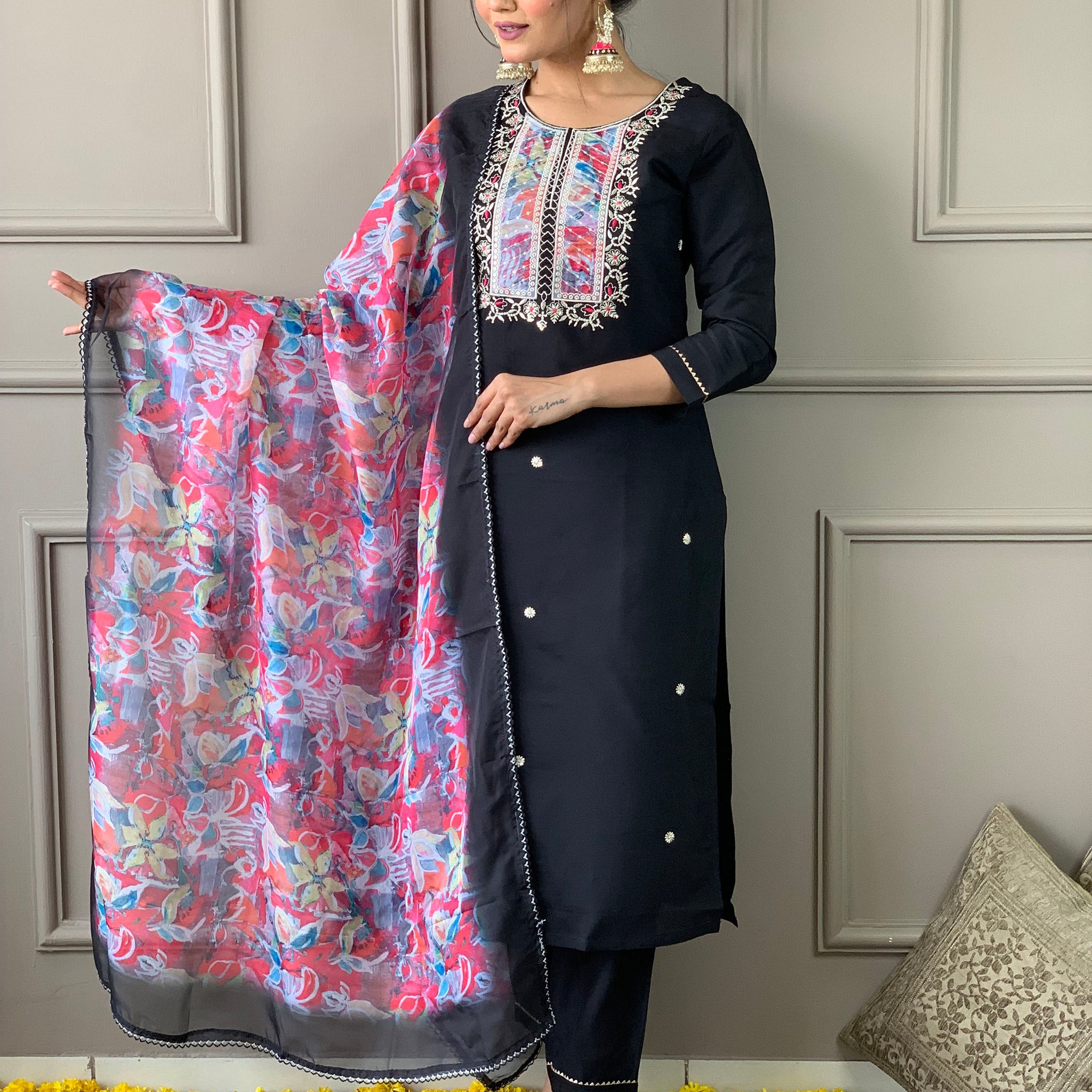 Stunning Black Embroidered Rayon Event Wear Pant Suit With Dupatta