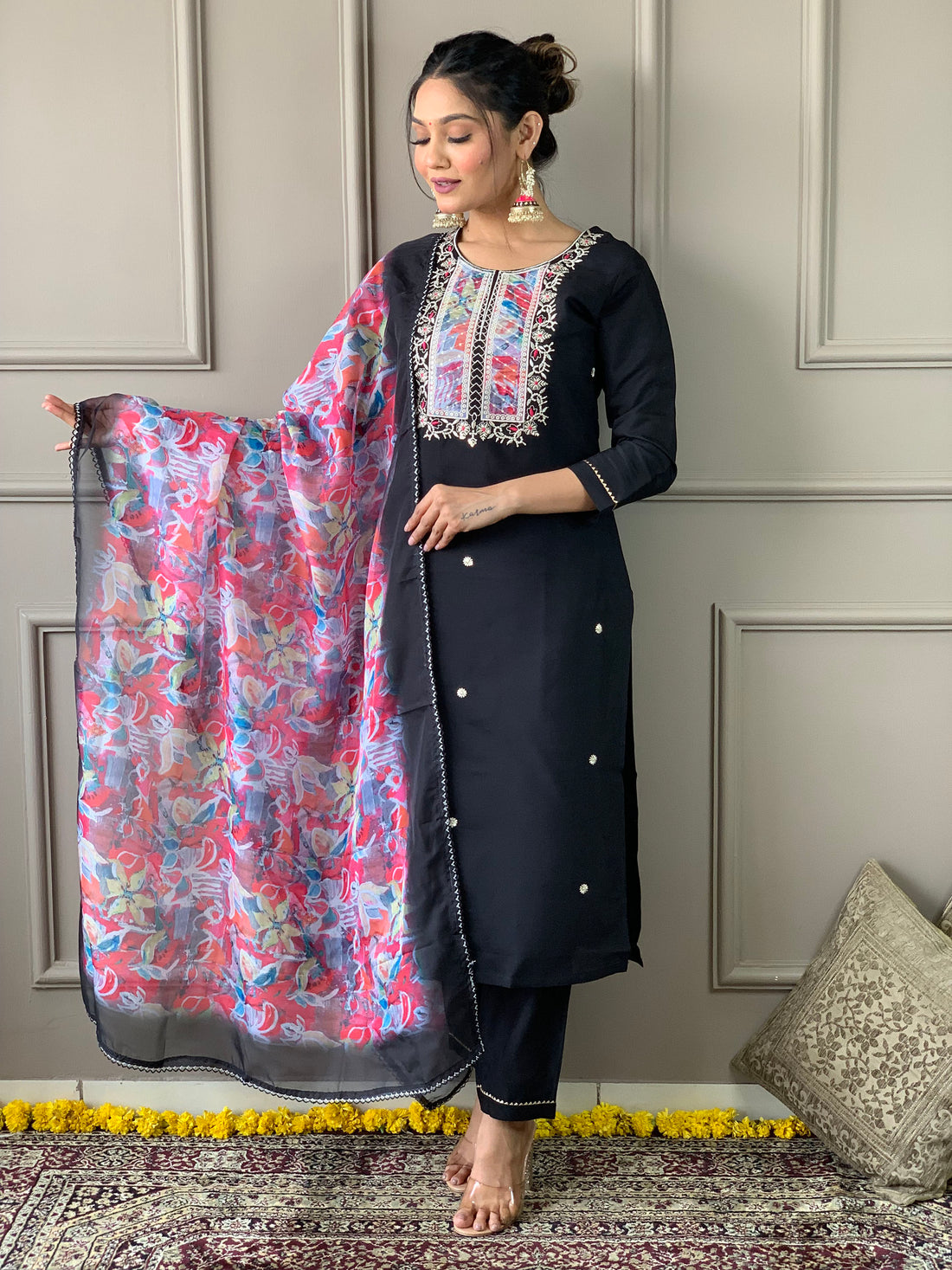 Stunning Black Embroidered Rayon Event Wear Pant Suit With Dupatta