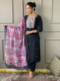 Stunning Black Embroidered Rayon Event Wear Pant Suit With Dupatta