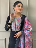 Stunning Black Embroidered Rayon Event Wear Pant Suit With Dupatta