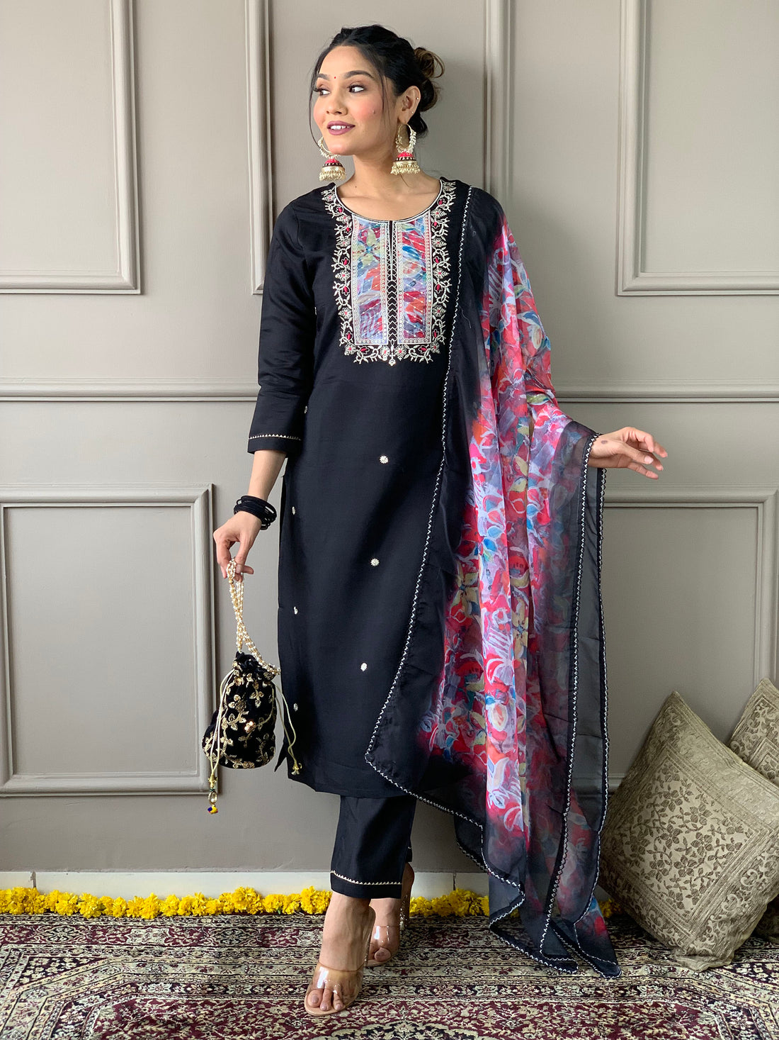 Stunning Black Embroidered Rayon Event Wear Pant Suit With Dupatta