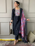 Stunning Black Embroidered Rayon Event Wear Pant Suit With Dupatta