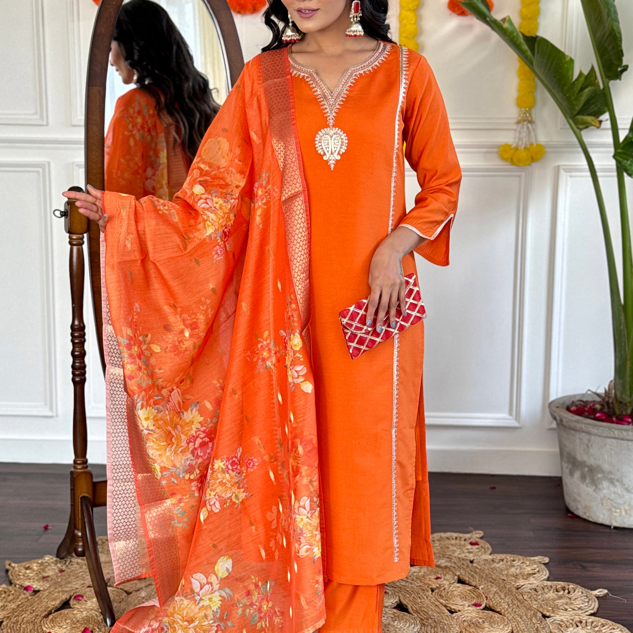 Marvelous Orange Printed Viscose Traditional Pant Suit With Dupatta