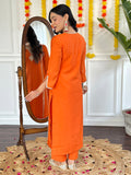 Marvelous Orange Printed Viscose Traditional Pant Suit With Dupatta