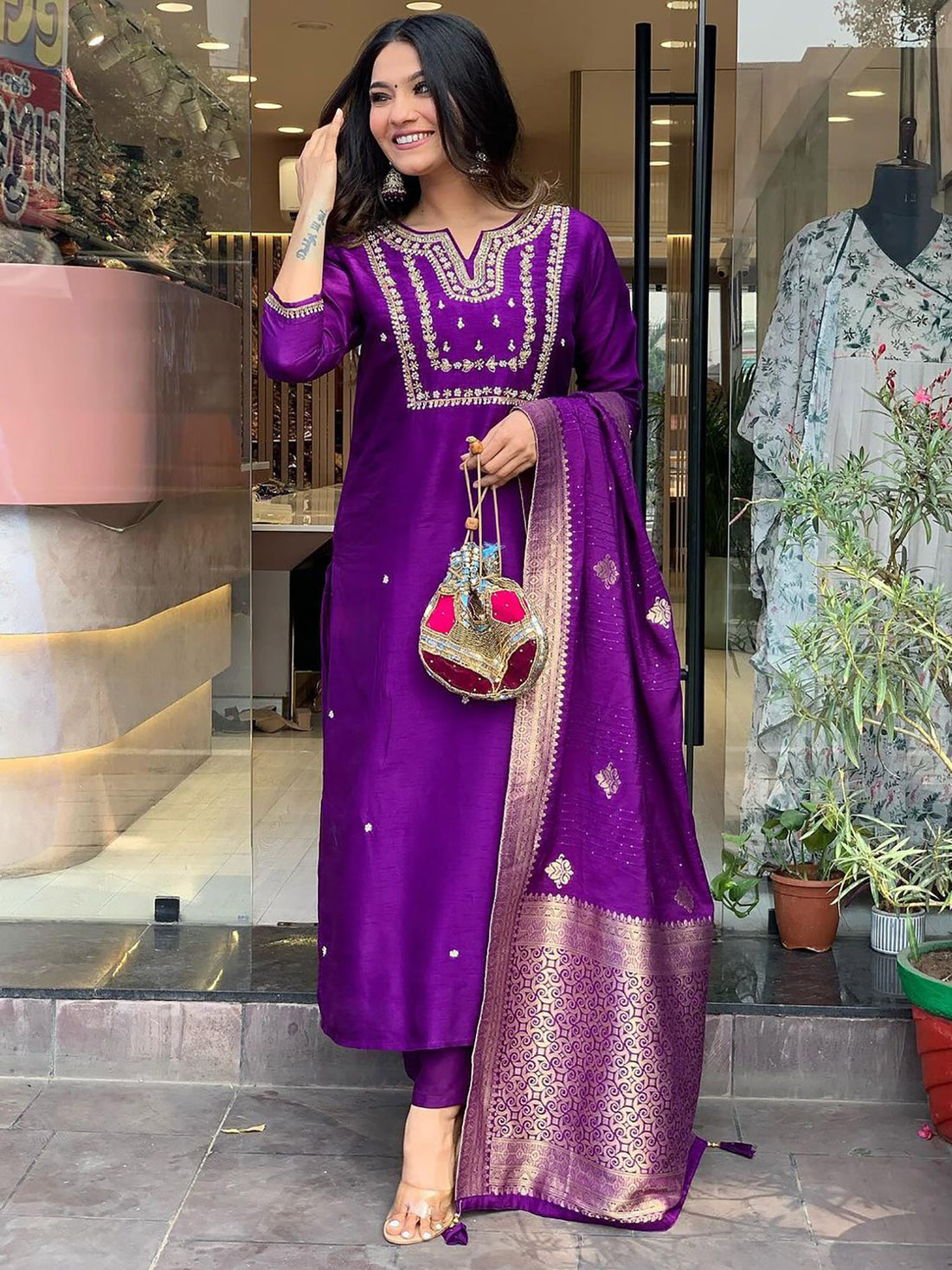 Incredible Purple Hand Work Viscose Wedding Wear Pant Suit