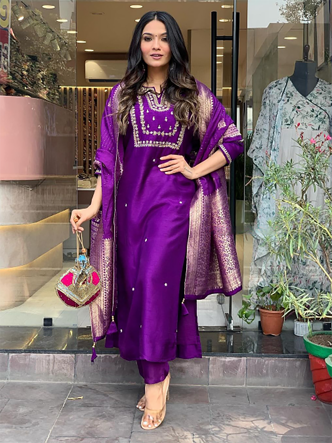 Incredible Purple Hand Work Viscose Wedding Wear Pant Suit
