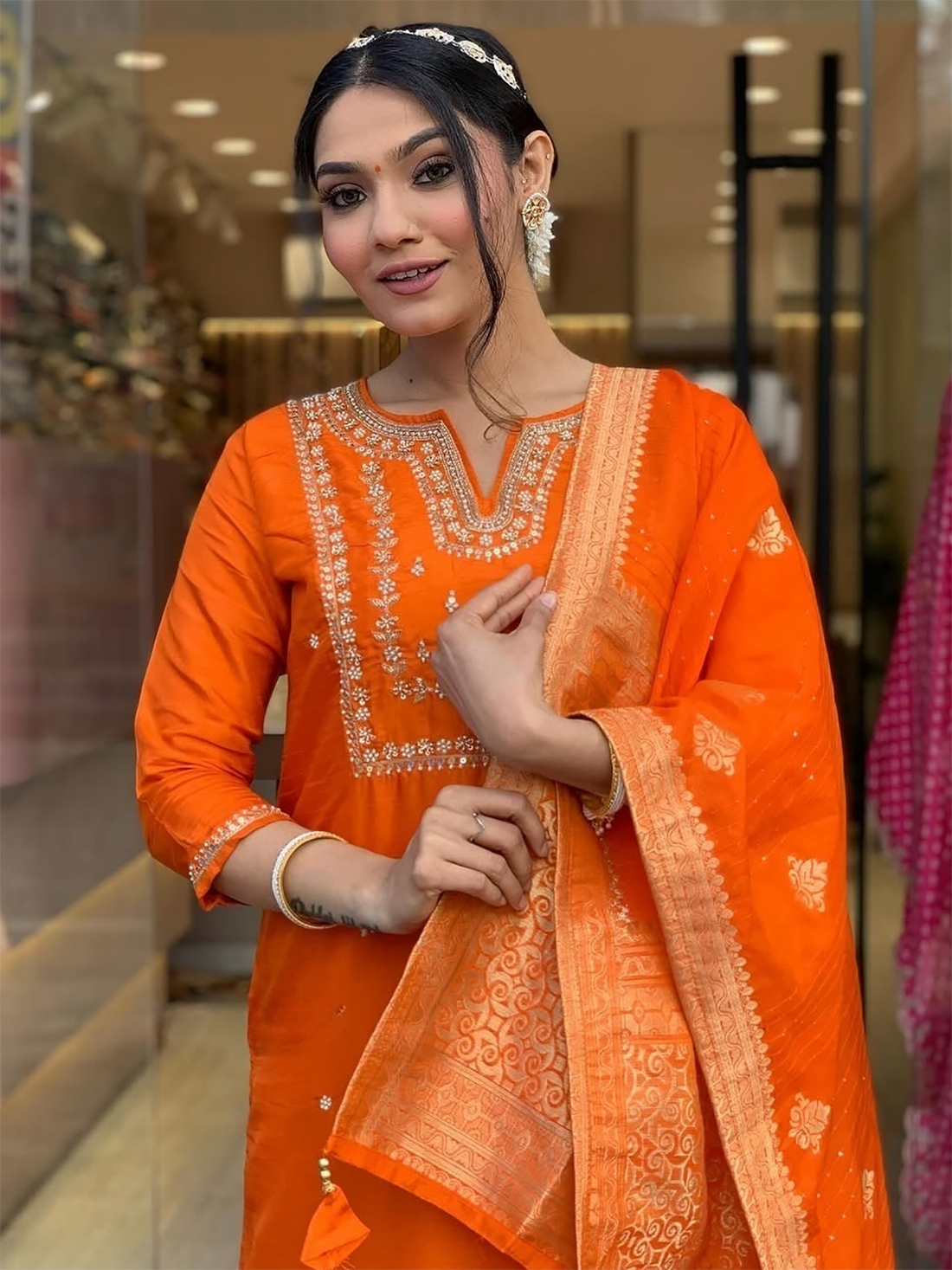 Fabulous Orange Hand Work Viscose Traditional Pant Suit With Dupatta