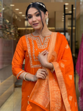 Fabulous Orange Hand Work Viscose Traditional Pant Suit With Dupatta
