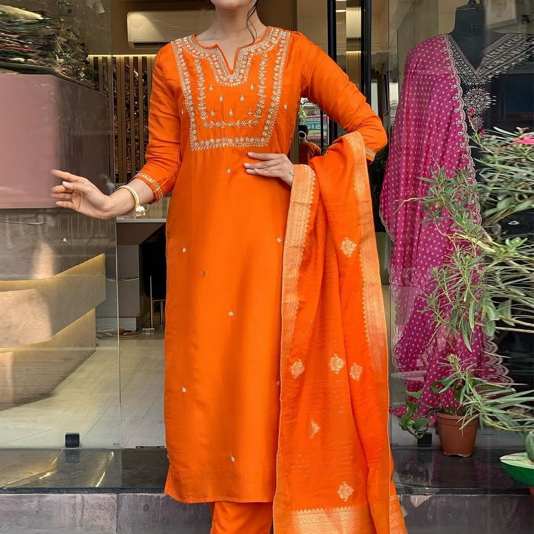 Fabulous Orange Hand Work Viscose Traditional Pant Suit With Dupatta