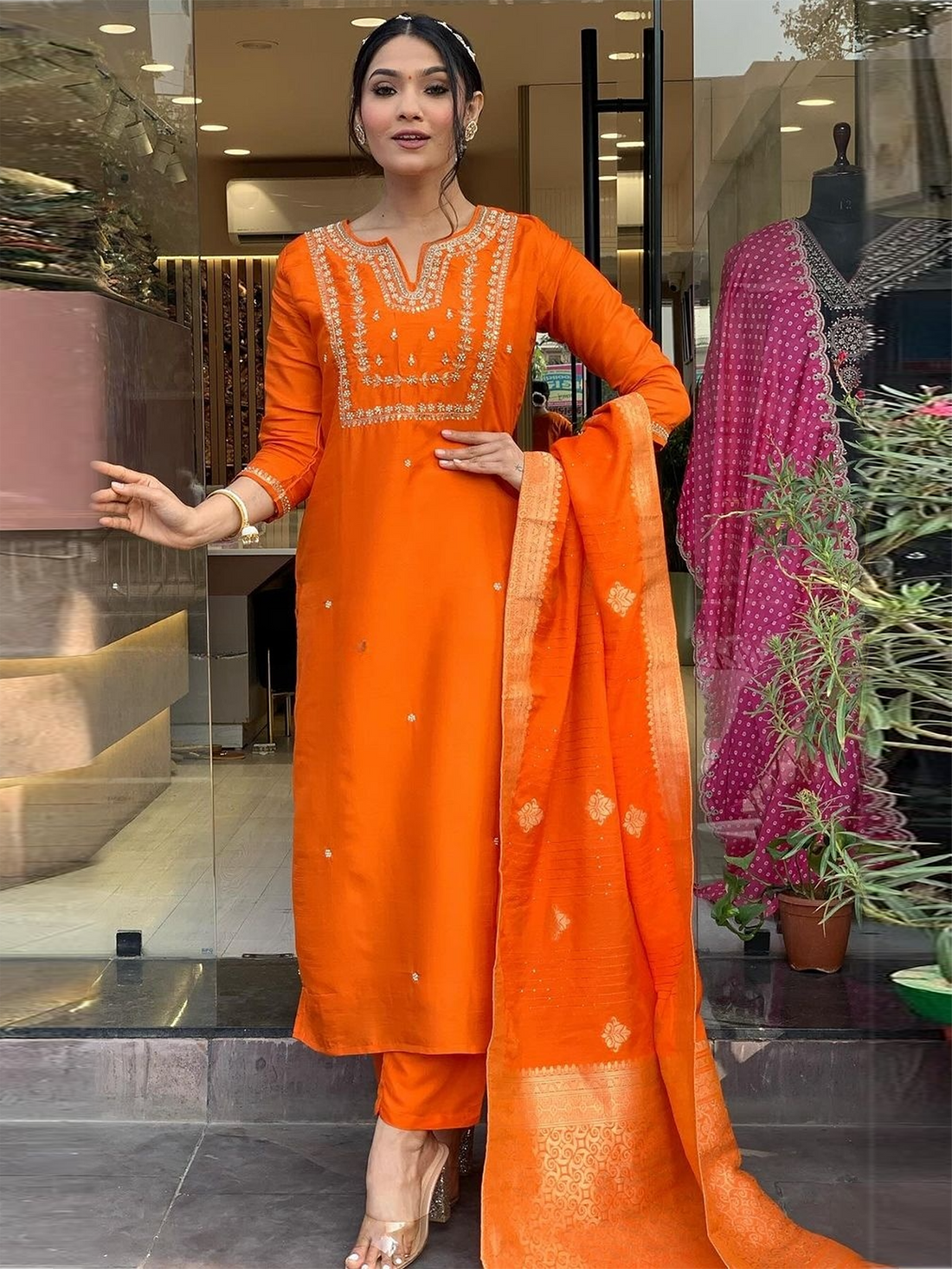 Fabulous Orange Hand Work Viscose Traditional Pant Suit With Dupatta