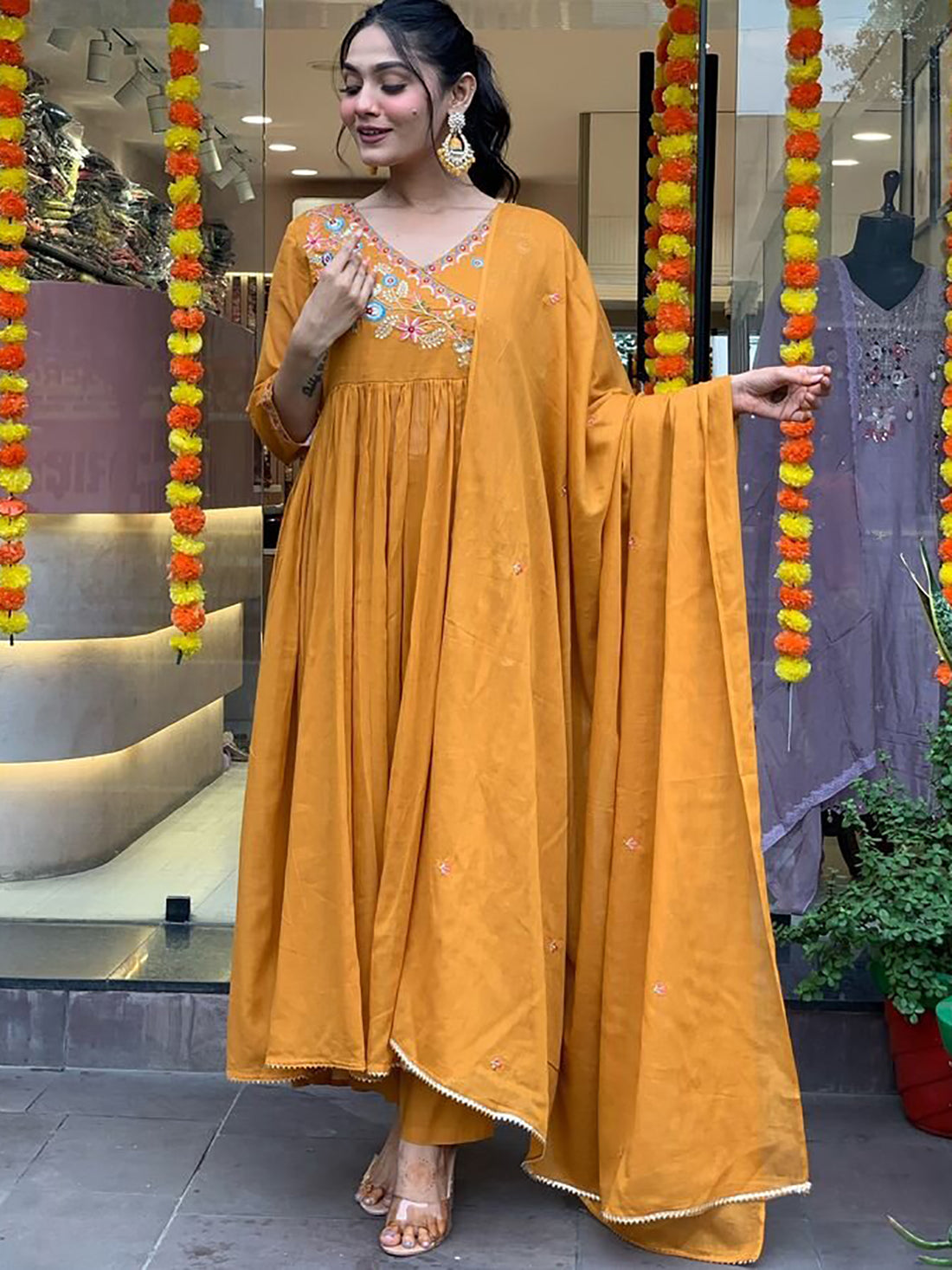 Outstanding Mustard Yellow Embroidered Viscose Pant Suit With Dupatta
