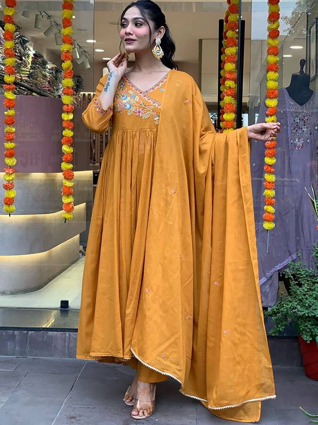 Outstanding Mustard Yellow Embroidered Viscose Pant Suit With Dupatta