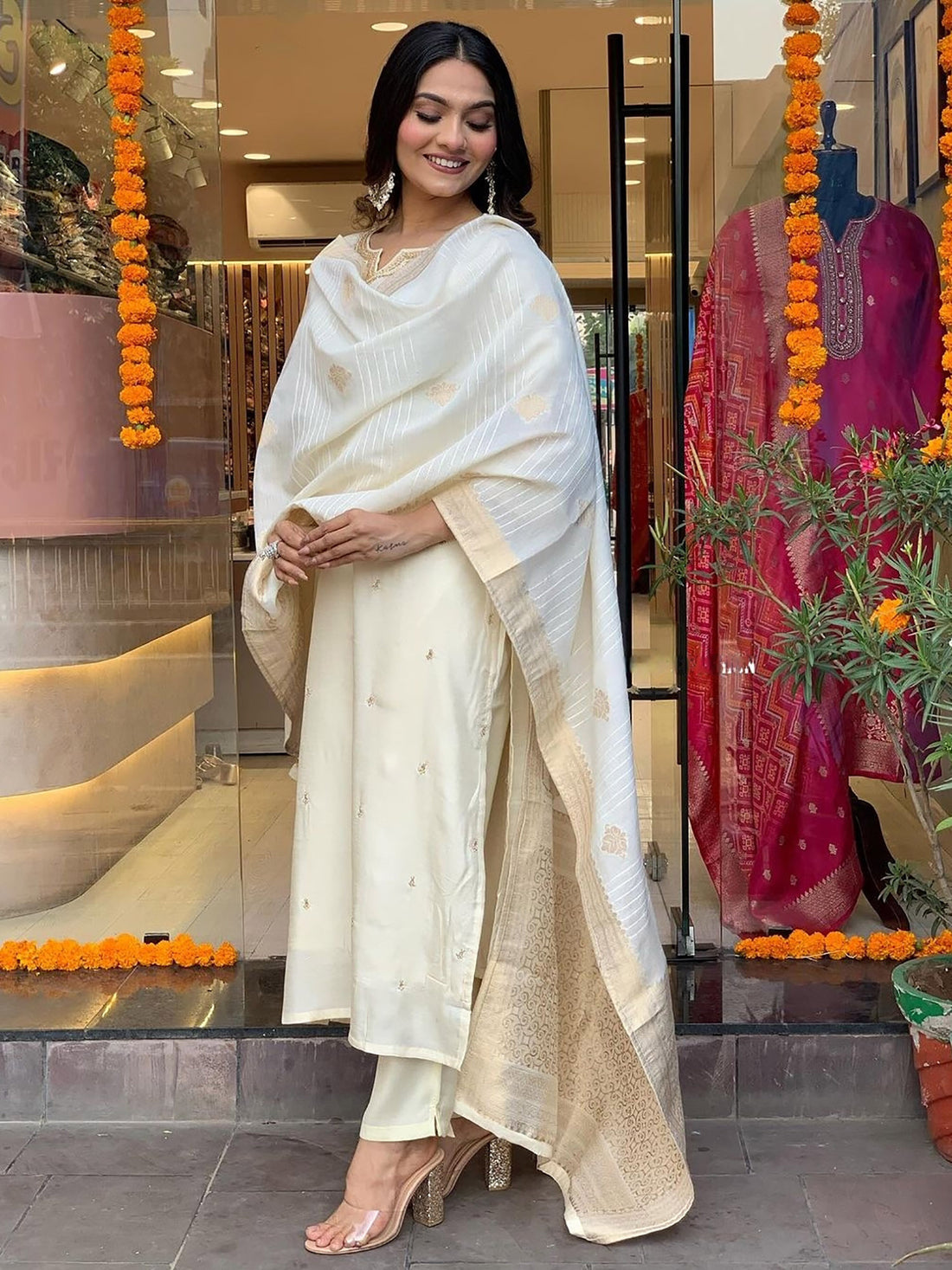 Beautiful Off-White Embroidered Viscose Festival Wear Pant Suit
