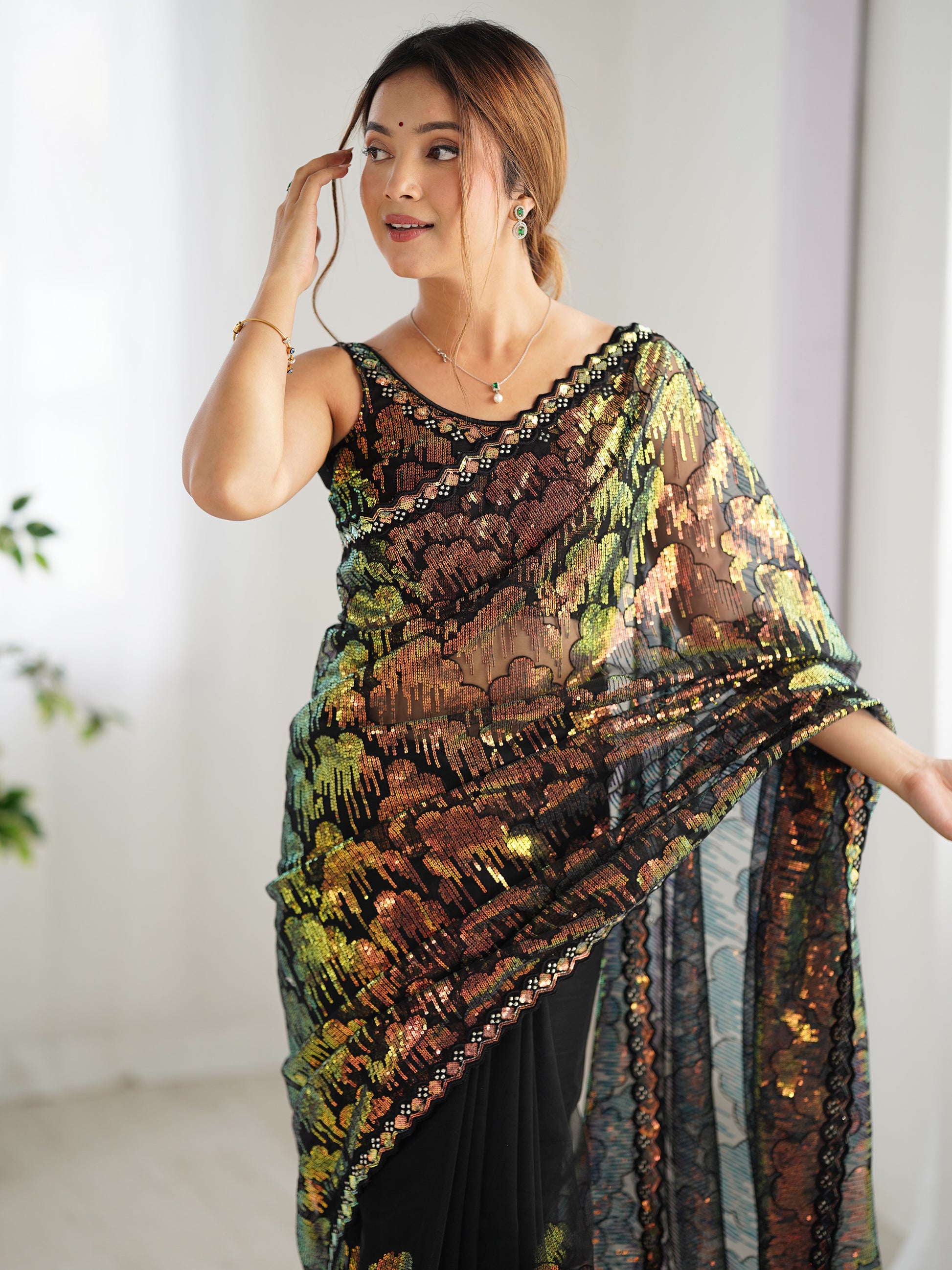 Astonishing Black Sequins Net Cocktail Party Wear Saree With Blouse