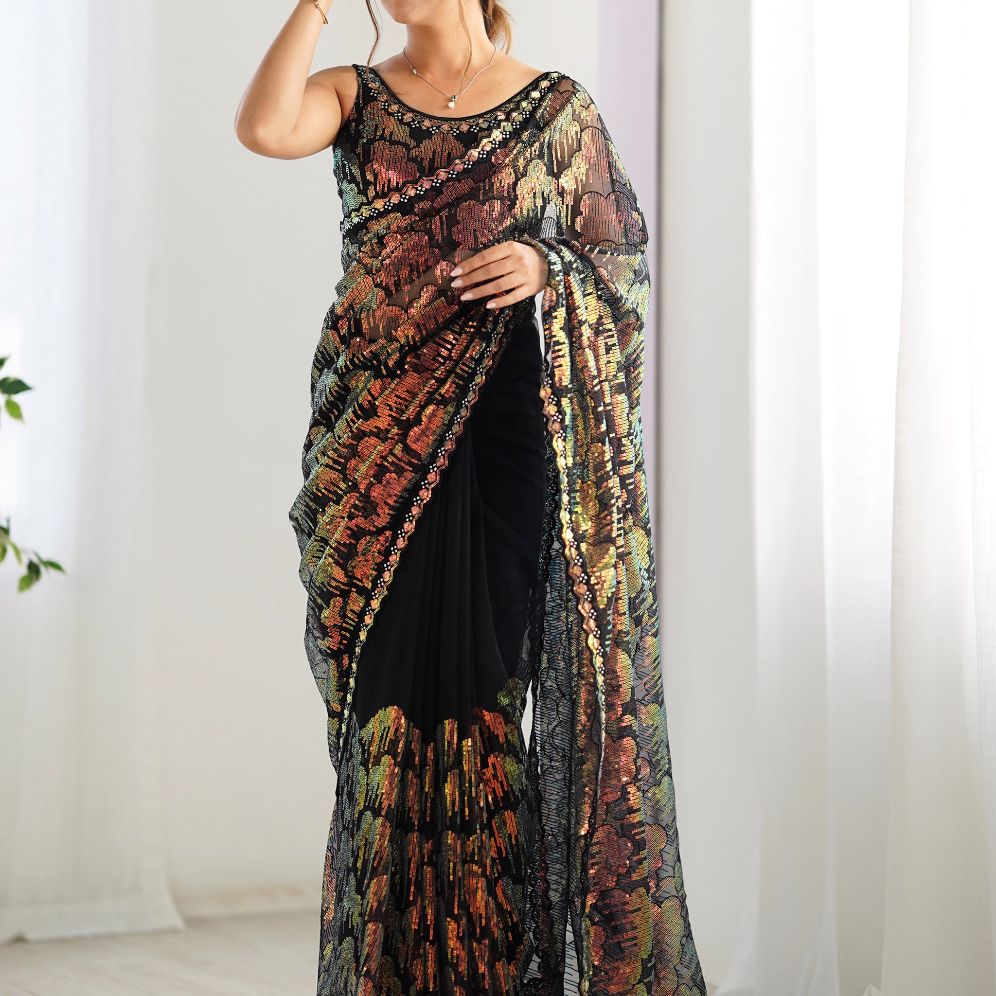 Astonishing Black Sequins Net Cocktail Party Wear Saree With Blouse