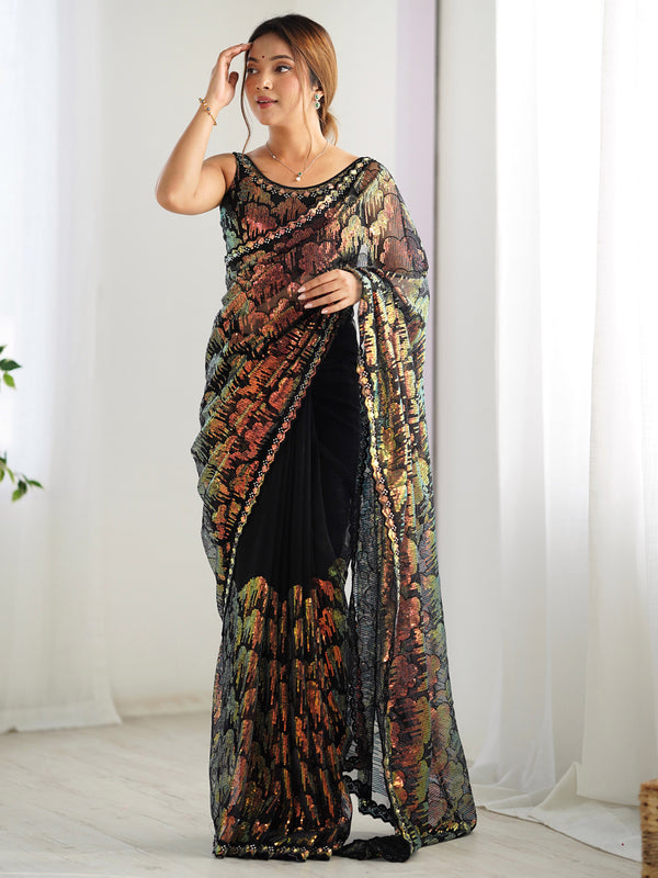 Astonishing Black Sequins Net Cocktail Party Wear Saree With Blouse
