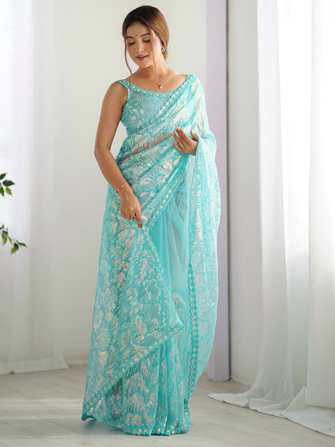 Mesmerizing Sky-Blue Sequins Net Event Wear Saree With Blouse