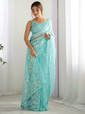 Mesmerizing Sky-Blue Sequins Net Event Wear Saree With Blouse